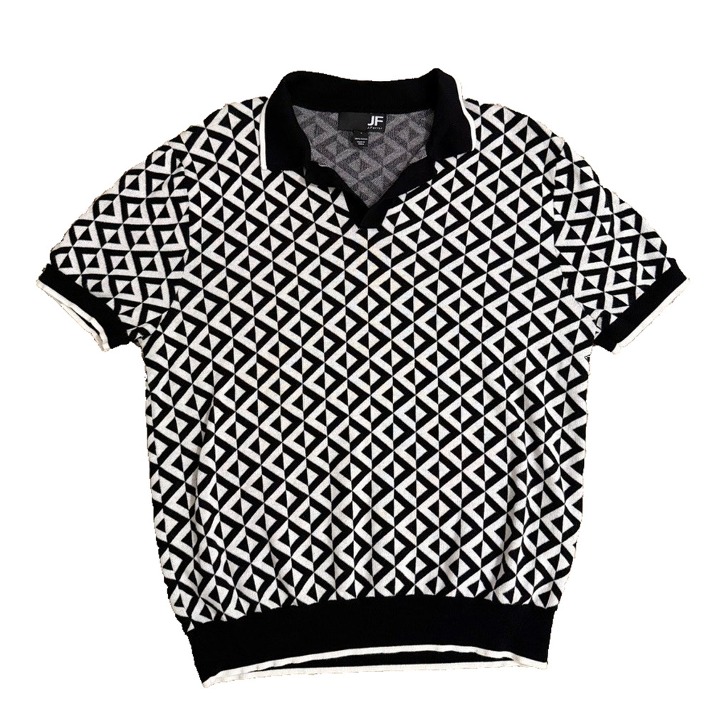 J. Ferrar Men’s L Black White Geometric Knit Polo Shirt Short Sleeve Cotton